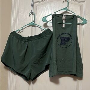PINK Victoria's Secret Green Athletic Shorts and tank top SZ XL set